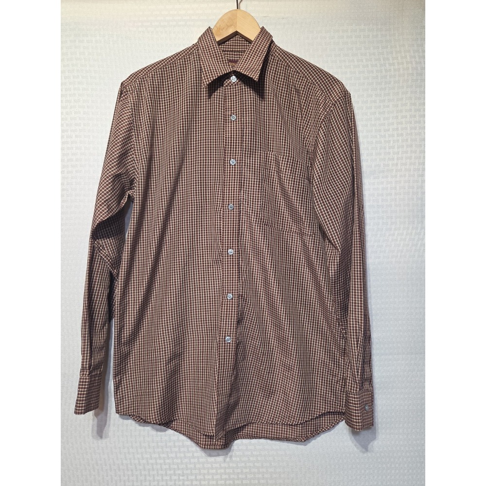 John Phillip Men's Brown Check Silk Cotton Button Front Shirt Medium Long Sleeve